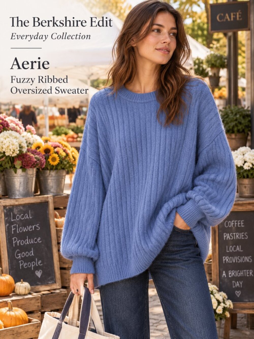 Aerie Blue Fuzzy Ribbed Oversized Crewneck Sweater XL Balloon Sleeve Cozy Knit